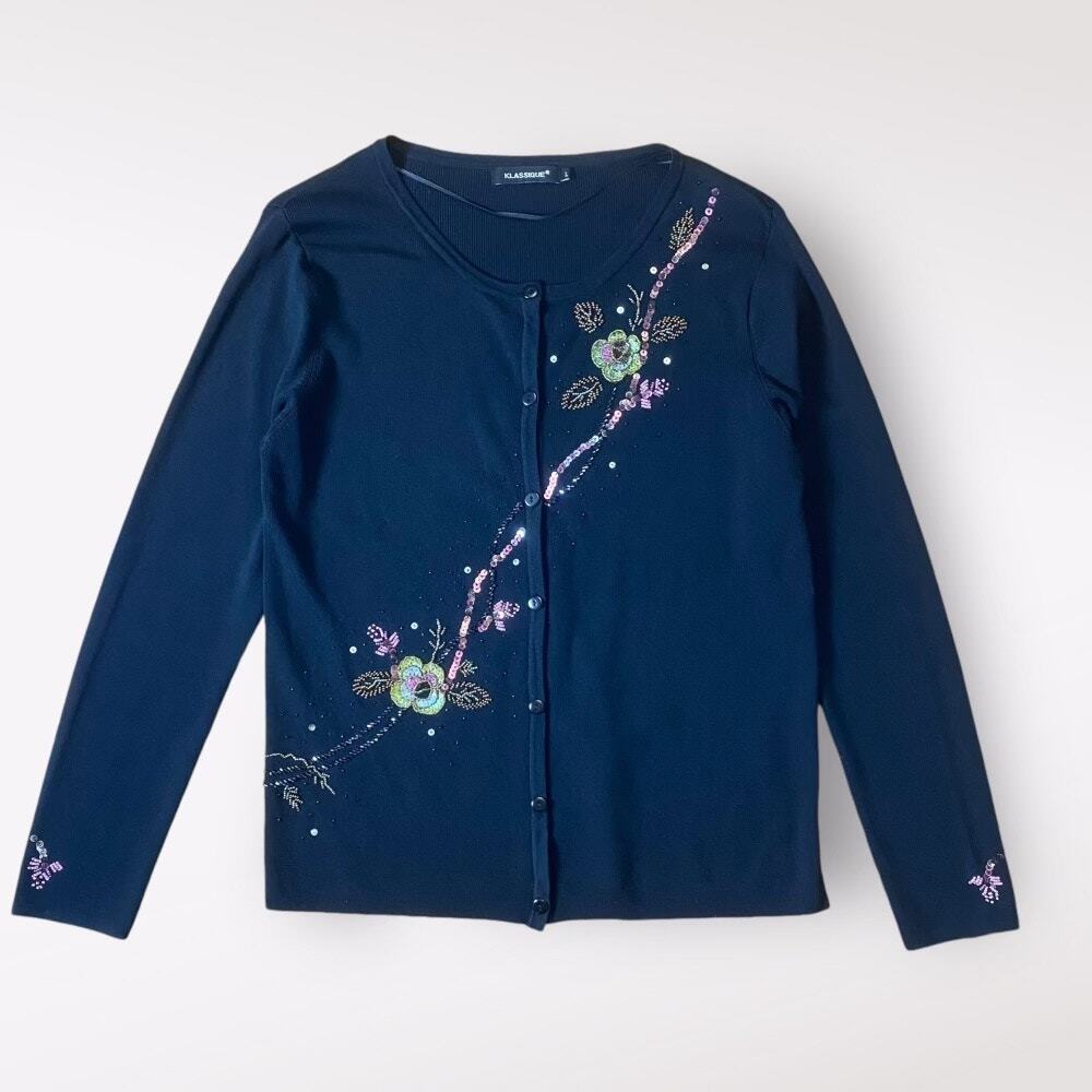 Klassique Vintage Y2K Beaded Floral Cardigan Womens Size L Fairycore